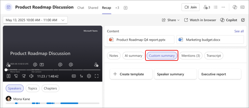 Screenshot showing a customized Teams recap summary, highlighting the "Custom summary" button.