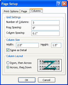 Columns tab of Page Setup dialog box