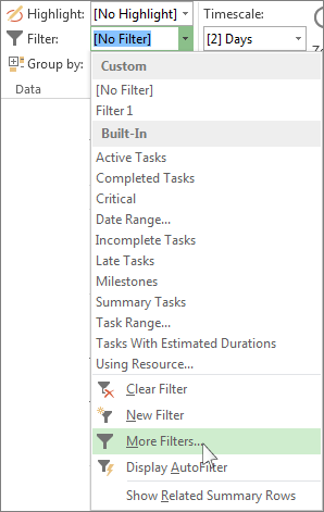 The Project ribbon, showing how to create a custom filter.