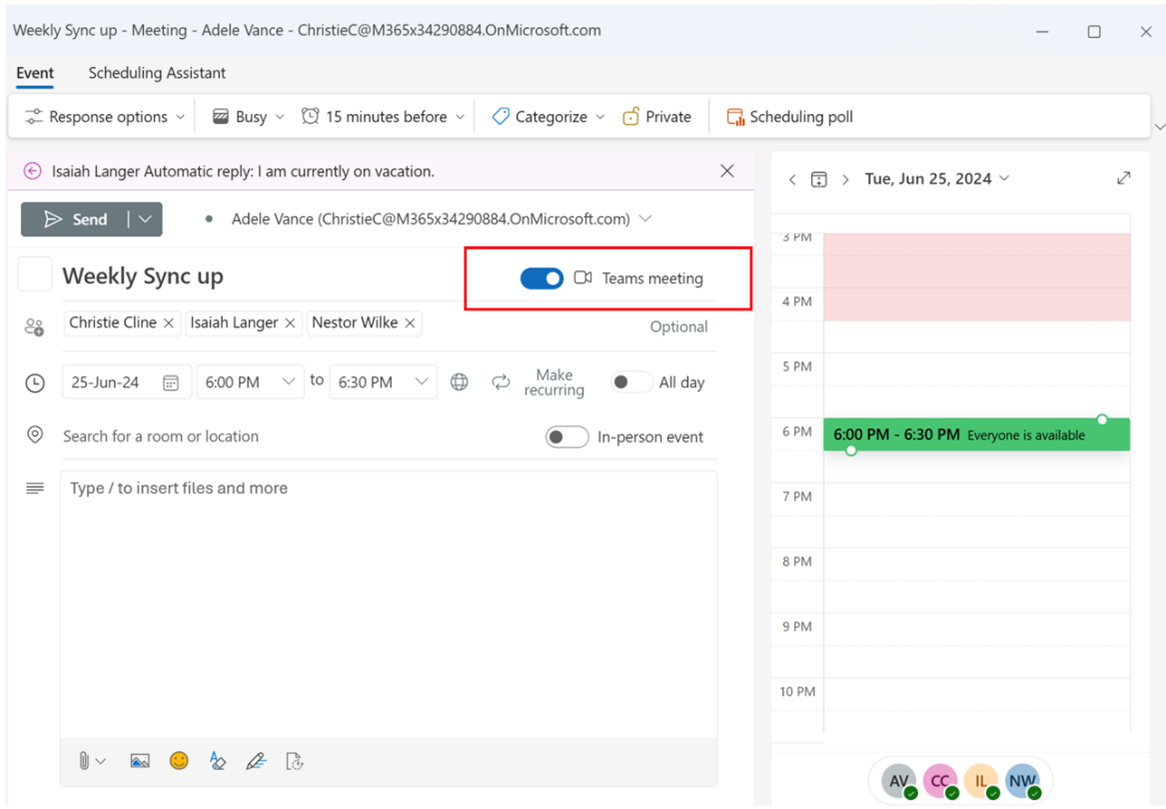 Screenshot showing the Teams meeting toggle is turned on when you add attendees to a meeting