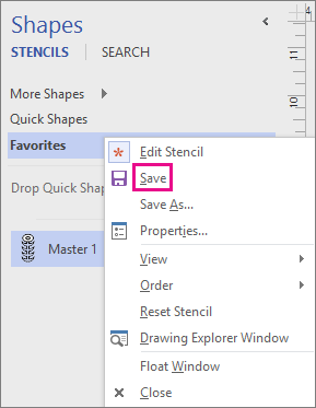 Right-click the name of the stencil to save the addition of a new master shape.