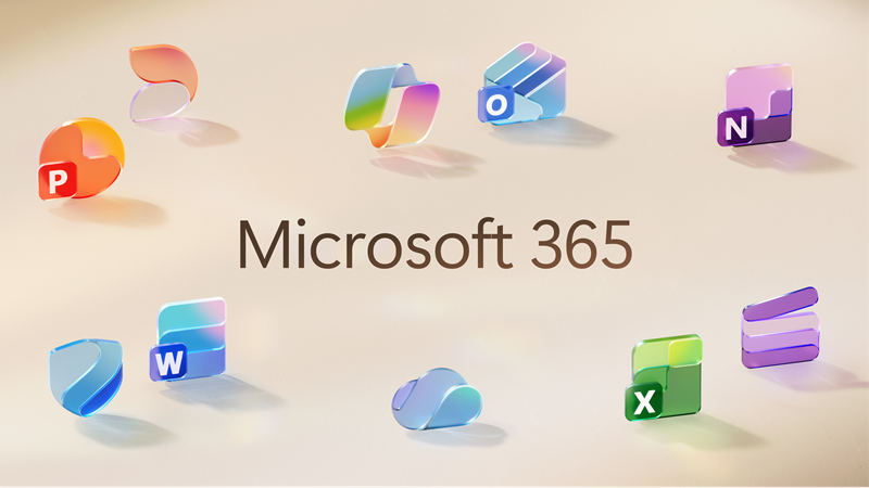 Graphic including the text, Microsoft 365, surrounded by glass-like icons for included applications like Word, PowerPoint, and Excel.