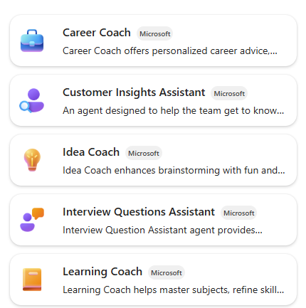 A list of built-in agents for templates