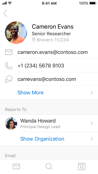 Contact card examples showing contact information and additional information