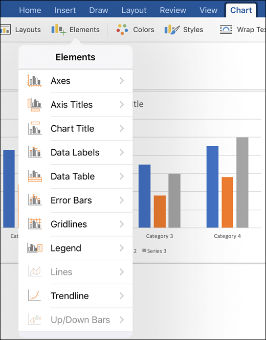 Click Elements on the Chart tab of the ribbon to customize chart elements in your document