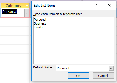 Edit List Items dialog box in an Access form