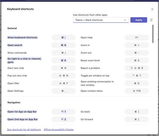 Screenshot of the Microsoft Teams Keyboard shortcuts settings window. The "Teams + Slack shortcuts" keyboard layout is selected, and the shortcuts that have different Slack keystrokes are highlighted.