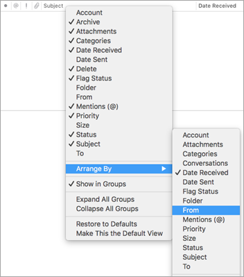 Shows the Arrange By menu accessed from the message header