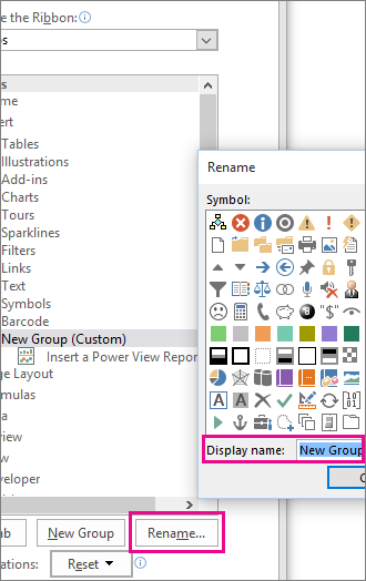 Rename button in Customize Ribbon dialog