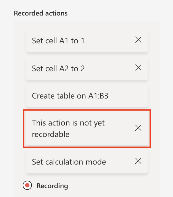 The Action Recorder shows "This action is not yet recordable" if an action is not supported.