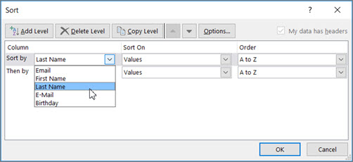 Under Column, click Sort by, and choose an option